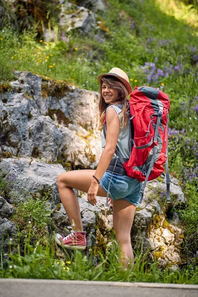 Похід Лісом Усміхнена Жінка Ходить Рюкзаками Ходять Лісі — стокове фото