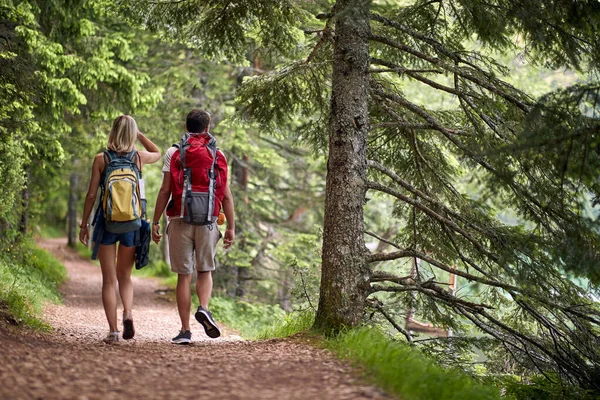 カップルは美しい日に森の道をハイキングしています ハイキング — ストック写真