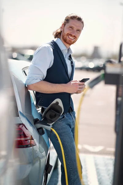 Young Man Gas Station Refueling Gas — Stock Photo, Image