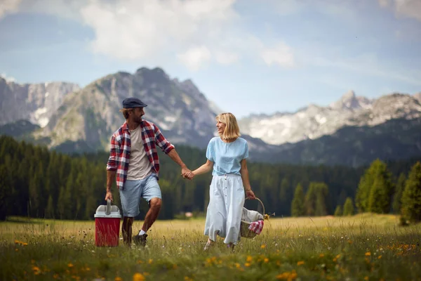 ピクニック用のバスケットを持った笑顔のカップル 手を握って 自然の中で夏の旅行 背景に山と緑の牧草地 ピクニック 愛の概念 — ストック写真