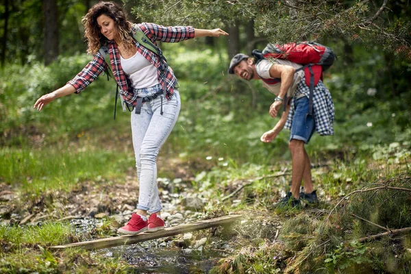 Energetic Traveler Couple Hiking Together Woods — Stock Photo, Image