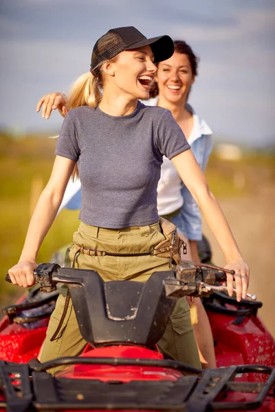 Two Excited Girls Driving Quad Together Nature Active Vacation Concept — Stock Photo, Image