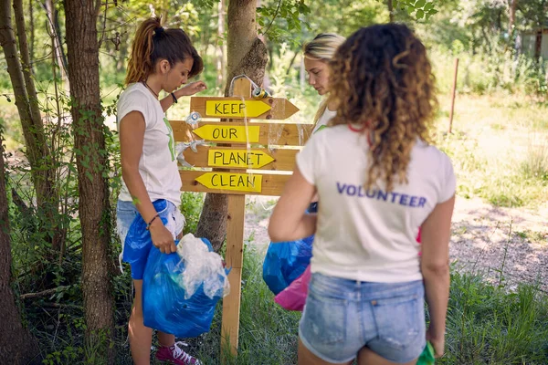 Eine Gruppe Von Drei Jungen Frauen Sammelt Freiwillig Müll Der — Stockfoto