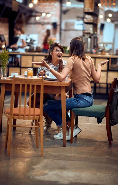Zwei Junge Freundinnen Unterhalten Sich Auf Einer Kaffeepause Junge Frauen — Stockfoto