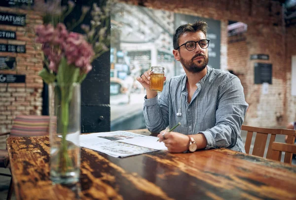 Man Glasses Cafe Newspaper Drink Looking Distance Thinking Modern Cafe — Stock Photo, Image