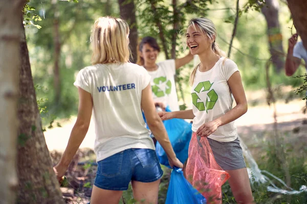 Девушка Эколог Собирает Мусор Время Уборки Парка Своими Друзьями — стоковое фото