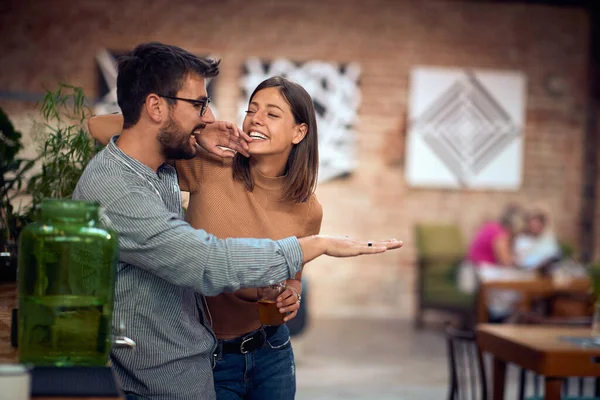 Young Cheerful Couple Cafe Having Great Time Lovely Young Man — Stock Photo, Image