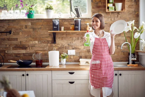 Attractive Young Housewife Wearing Checkered Apron Standing Kitchen Holding Clean — Stock Photo, Image