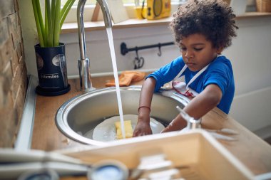Genç Afro-Amerikalı çocuk büyük bir hevesle bulaşıkları yıkama sorumluluğunu üstleniyor. Renkli bir önlük giyerek, lavabonun başında, sabunlu köpüklerden oluşan bir denizle güvenle duruyor..