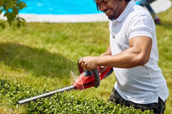 Jardineiro Afro Americano Como Ele Corta Uma Sebe Com Aparador — Fotografia de Stock