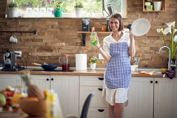 Beautiful Young Woman Housewife Wearing Blue Checkered Apron Standing Kitchen — Stock Photo, Image