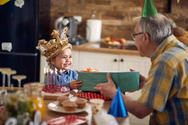 Adorable Little Girl Wearing Golden Crown Feeling Super Excited Grateful — Stock Photo, Image