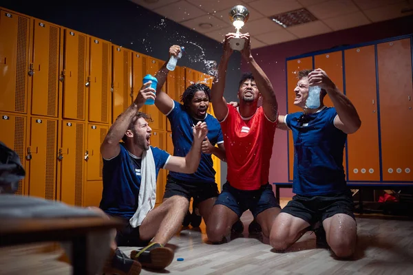 Group Men Dressing Room Celebrating Victory Holding Gold Medal Feeling — Stock Photo, Image