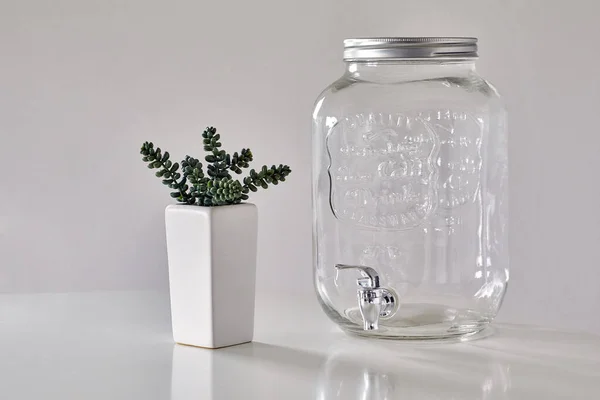 White Table Succulent Plant White Pot Empty Glass Water Dispenser — Stock Photo, Image
