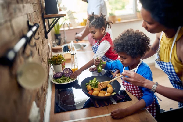 Στην Κουζίνα Μητέρα Ετοιμάζει Επιδέξια Ένα Νόστιμο Γεύμα Ενώ Παιδιά — Φωτογραφία Αρχείου