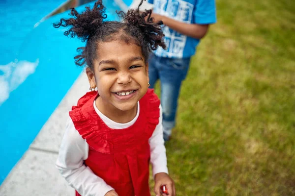 Afro American Girl Dressed Vibrant Red Dress Enjoying Moment Pure Royalty Free Stock Photos