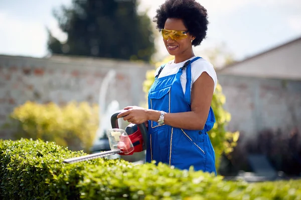 Afro American Woman She Expertly Trims Hedges Using Hedge Trimmer Royalty Free Stock Photos
