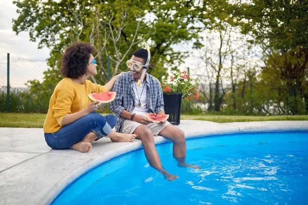 Smiling Handsome Couple Pool Havin Fun Eating Watermelon Stock Picture