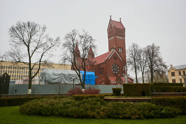 Minsk, Belarus - November 25, 2017 - Reconstruction of the Minsk Red Church on Lenin Square