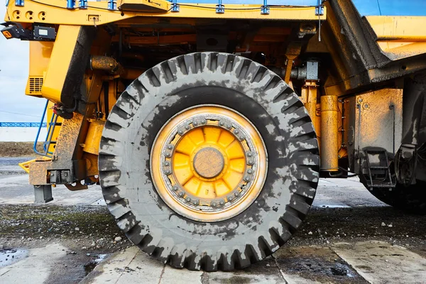 The wheel of a heavy-duty car or dump truck. Modern mining equipment. Selective focus