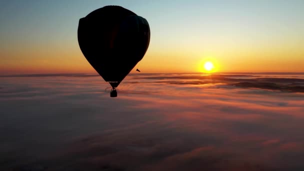 黎明时分 一个大气球在美丽的天空和雾气的背景下飞行 带气球的风景 — 图库视频影像
