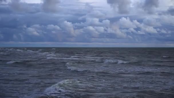 Havsvågor Mot Stormig Himmel Fåglar Flyger Över Vattnet — Stockvideo