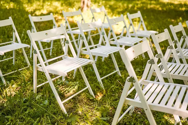 White chairs are in the park. A place for a wedding ceremony. Wedding decorations