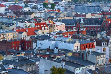 GRUDZENDZ, Polonya - 18 Ekim 2023 - Eski şehrin güzel çatıları. Polonya 'da seyahat kavramı