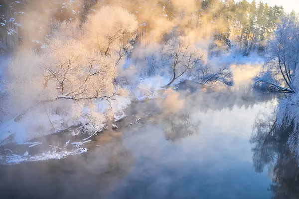 Nice landscape in winter on the river. Beautiful footage of a freezing river in January
