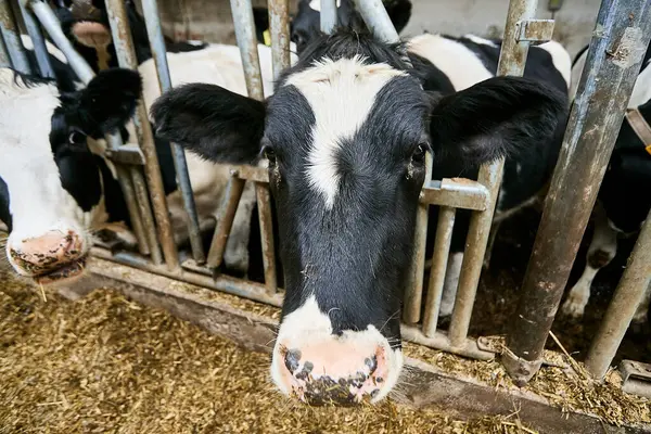 stock image A dirty cow stands behind bars in a stable. Selective focus