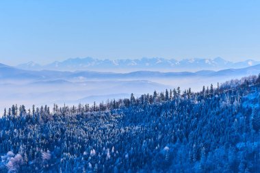 Güneşli bir günde kış dağları, Avrupa 'yı gezmek. En sevdiği hobiler, huzurlu manzara fotoğrafçılığı.