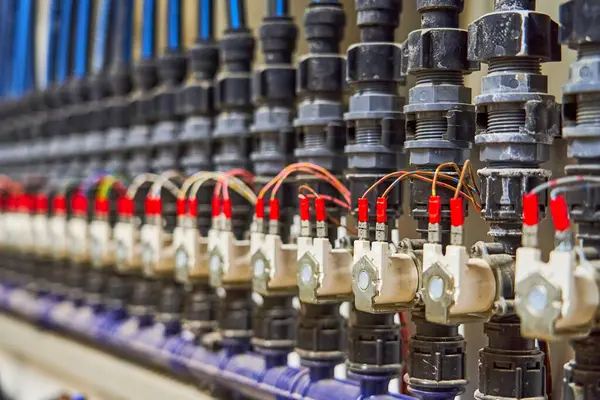 Endüstriyel Sıvı Kontrol Sistemi 'ndeki Solenoid Valfleri ve Borularının Organize Bir Dizisi' ne yakın plan