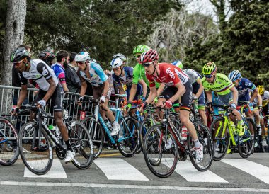 Barcelona, İspanya - March27, 2016: Peloton Volta Ciclista sırasında Bracelona İspanya, Montjuic zirvesine giden yolda bir Catalunya 27 Mart 2016 üzerinde sürme..