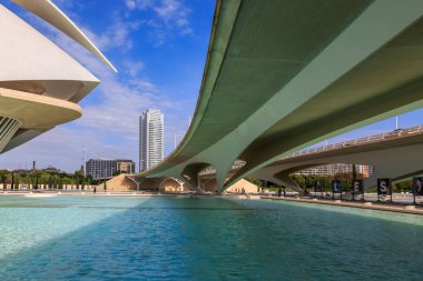 Valencia, İspanya - 2 Kasım 2022: Valensiya, İspanya 'da Sanat Sarayı ve Montolivet Köprüsü' nün bir kısmının yer aldığı alçak açılı görüntü.