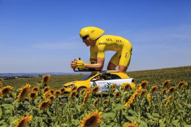 Villefranche-d 'Albigeois, Fransa - 17 Temmuz 2022: LCL Bank' ın ünlü sarı bisikletçi maskotu Le Tour de France 2022 'nin 15. aşaması sırasında bir ayçiçeği tarlasının yanından geçer.