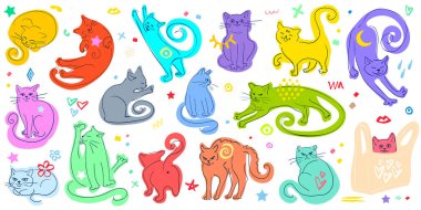 Renkli komik kedi koleksiyon yapıyor. Şirin bir kedi yavrusu seti. Elle çizilmiş farklı kediler. Ev hayvanları. Soyut vektör ögeleri.