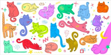 Renkli komik kedi koleksiyon yapıyor. Şirin bir kedi yavrusu seti. Elle çizilmiş farklı kediler. Ev hayvanları. Soyut vektör ögeleri.
