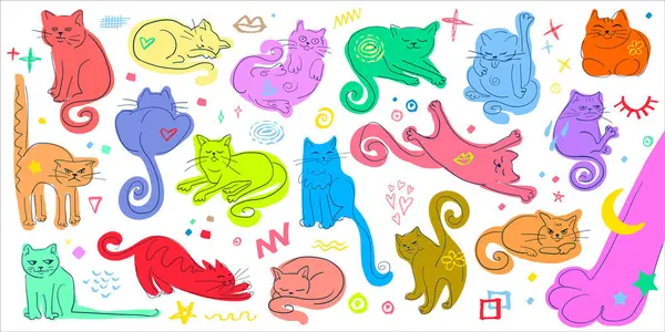 Renkli komik kedi koleksiyon yapıyor. Şirin bir kedi yavrusu seti. Elle çizilmiş farklı kediler. Ev hayvanları. Soyut vektör ögeleri.