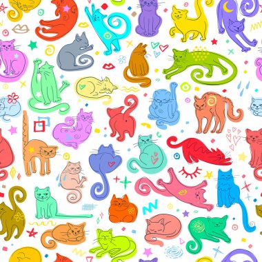 Renkli Kedilerle Kusursuz Desenli Oynak El Çizimi Kedi Karakterleri Çeşitli Pozisyonlar ve Beyaz Arkaplanda Parlak Gökkuşağı Paleti