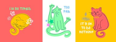 Duygulu Komik Kediler Renkli El Çizimi Tuhaf İfadeleri ve Neşeli Özgeçmişleri Olan Kedi Karakterleri