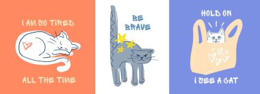 Duygulu Komik Kediler Renkli El Çizimi Tuhaf İfadeleri ve Neşeli Özgeçmişleri Olan Kedi Karakterleri