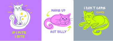 Duygulu Komik Kediler Renkli El Çizimi Tuhaf İfadeleri ve Neşeli Özgeçmişleri Olan Kedi Karakterleri