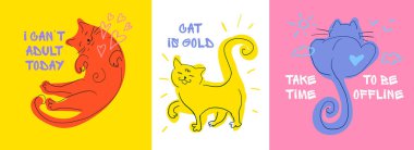 Duygulu Komik Kediler Renkli El Çizimi Tuhaf İfadeleri ve Neşeli Özgeçmişleri Olan Kedi Karakterleri