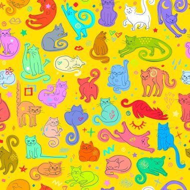 Renkli Kediler ile Kusursuz Desen Oynayan El Çizimi Çeşitli Pozisyonlarda Kedi Karakterleri ve Sarı Arkaplanda Parlak Gökkuşağı Paleti