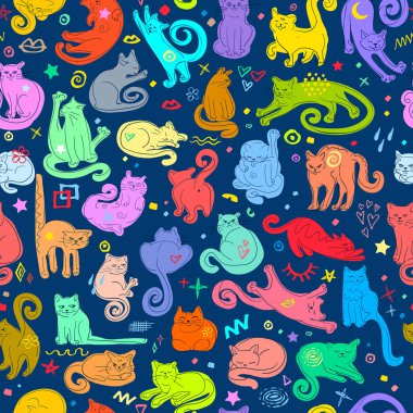Renkli Kedilerle Kusursuz Desenli Oynak El Çizimi Kedi Karakterleri Çeşitli Pozisyonlar ve Mavi Arkaplanda Parlak Gökkuşağı Paleti
