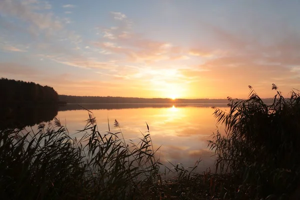曇りの秋の日に湖の上の日の出 ストックフォト