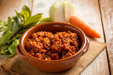 traditional homemade  veal ragout with ingredients