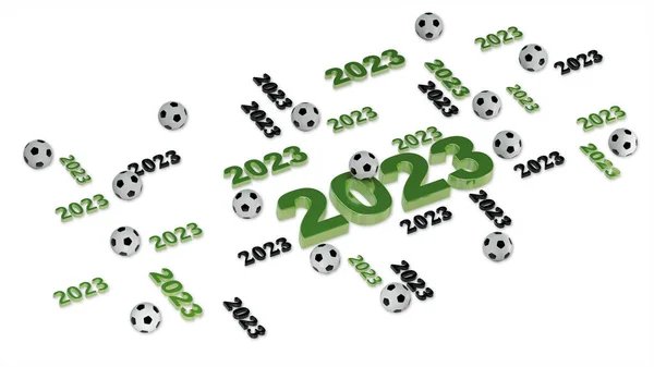 Muchos Diseños Fútbol 2023 Con Varias Bolas Sobre Fondo Blanco —  Fotos de Stock