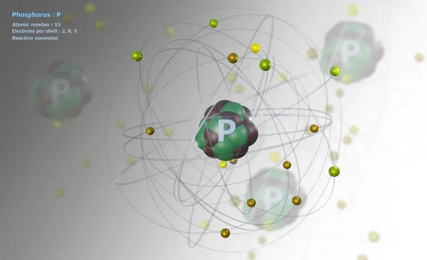 具有详细核心的磷原子和背景为原子的白原子上的15个电子原子 — 图库照片