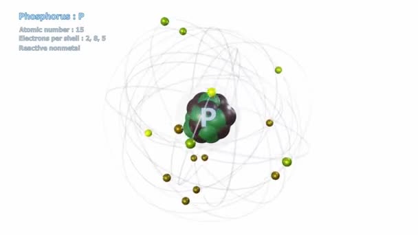 Атом Фосфора Электронами Бесконечной Орбитальной Вращения Белом Фоне — стоковое видео
